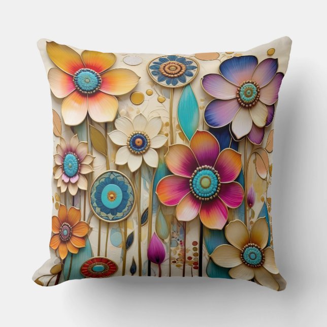 Whimsical 3D papercut flowers Throw Pillow (Front)