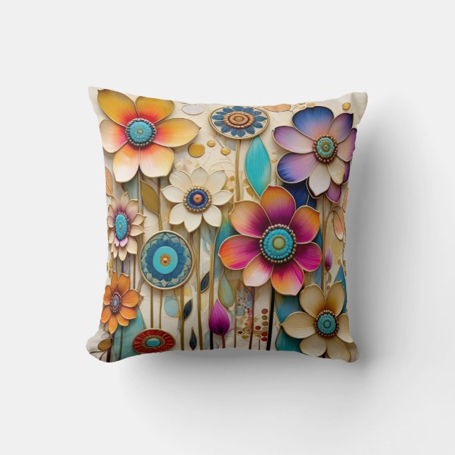 Whimsical 3D papercut flowers Throw Pillow (Front)