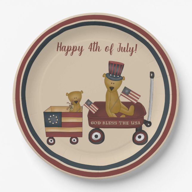 Whimsical 4th of July Teddy Bear On Parade Paper Plate (Front)