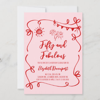 Whimsical 50 and Fabulous Doodle and Bow Birthday Invitation
