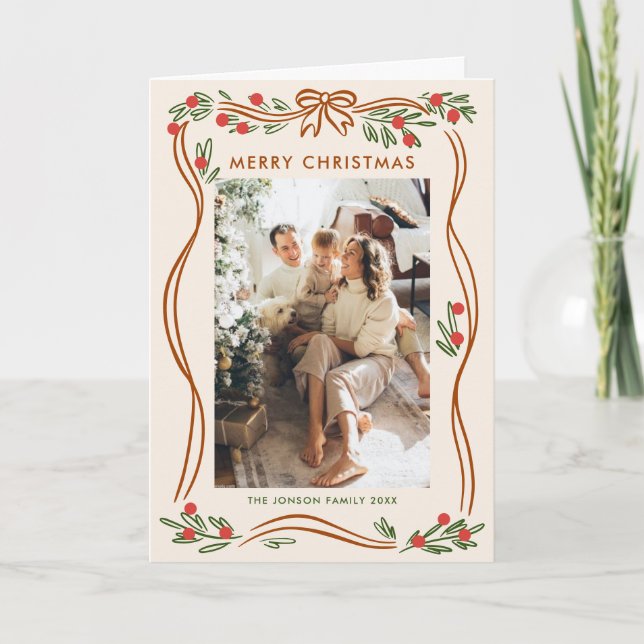Whimsical 5 Photo Boho Beige Christmas Bow Ribbon Holiday Card (Front)