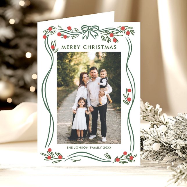 Whimsical 5 Photo Boho Green Christmas Bow Ribbon Holiday Card (Creator Uploaded)