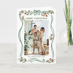 Whimsical 5 Photo Boho Green Christmas Bow Ribbon Holiday Card