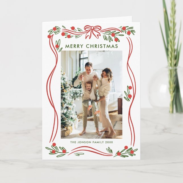Whimsical 5 Photo Boho Red Christmas Bow Ribbon Holiday Card (Front)
