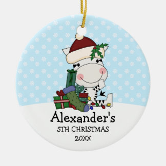 Whimsical 5th Christmas Santa Zebra Personalized Ceramic Ornament
