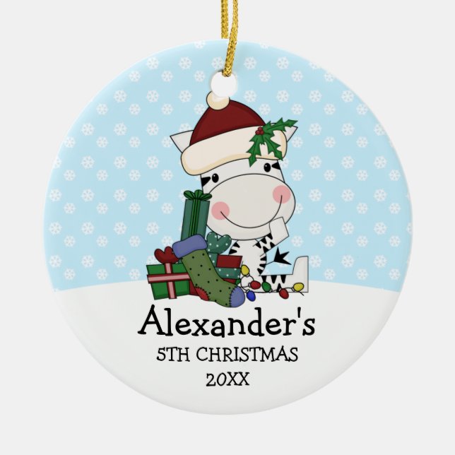 Whimsical 5th Christmas Santa Zebra Personalized Ceramic Ornament (Front)