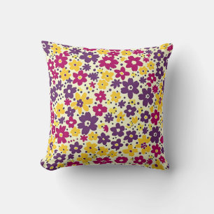 Whimsical 60s Cottagecore Colorful Floral Pattern Throw Pillow