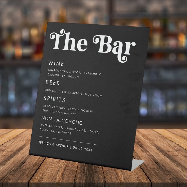 Whimsical 70s Retro Script Wedding Bar Drink Menu Pedestal Sign (Creator Uploaded)
