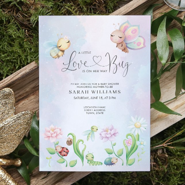 Whimsical A Little Love Bug Rainbow Baby Shower Invitation (QR Code Baby shower Invitation!)