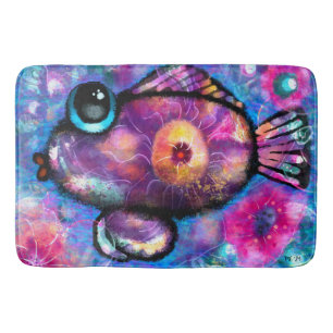 Whimsical Abstract Big-Eye Fish Purple Teal Pink Bath Mat