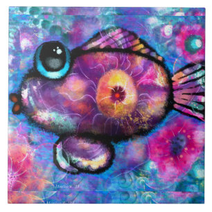 Whimsical Abstract Big-Eye Fish Purple Teal Pink Tile