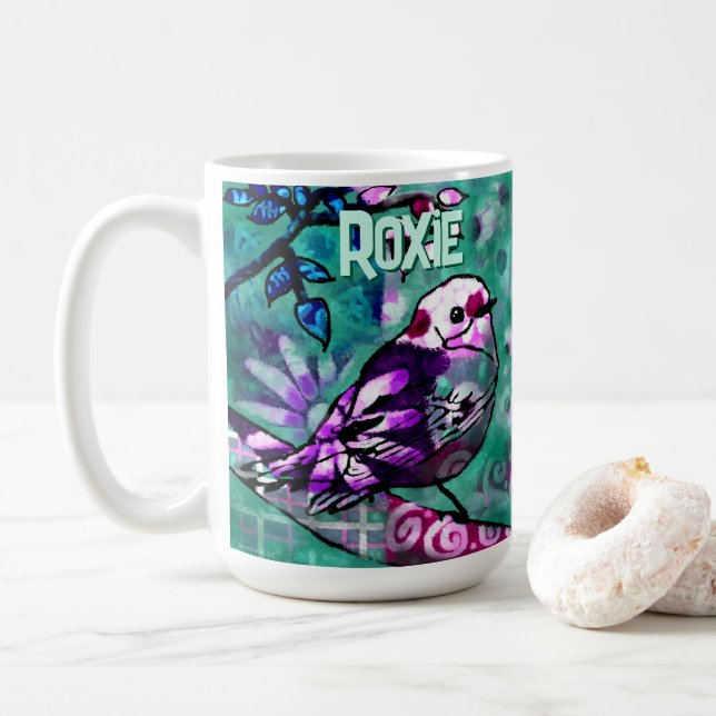 Whimsical Abstract Bird Floral Personalized Coffee Mug (With Donut)