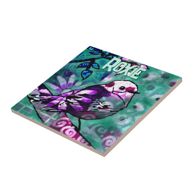 Whimsical Abstract Bird Floral Personalized Tile (Side)