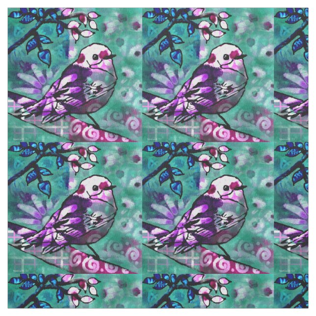 Whimsical Abstract Bird Floral Teal Purple Fabric (Swatch)