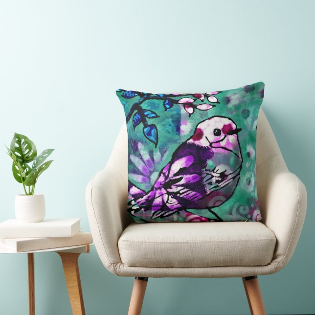 Whimsical Abstract Bird Floral Teal Purple Throw Pillow (Chair)