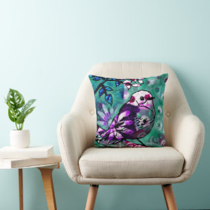 Whimsical Abstract Bird Floral Teal Purple Throw Pillow