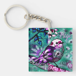 Whimsical Abstract Bird Teal Purple Floral Hope Keychain
