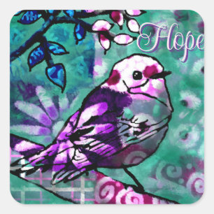 Whimsical Abstract Bird Teal Purple Floral Hope Square Sticker