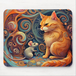 Whimsical Abstract Cat and Mouse Mouse Pad