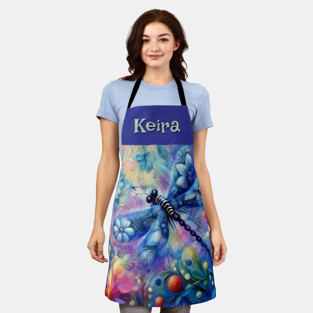 Whimsical Abstract Dragonfly Floral Personalized Apron (Worn)