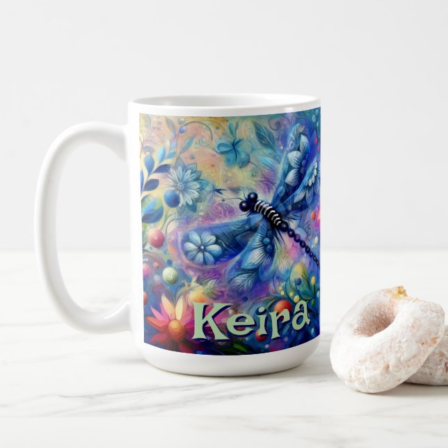 Whimsical Abstract Dragonfly Floral Personalized Coffee Mug (With Donut)