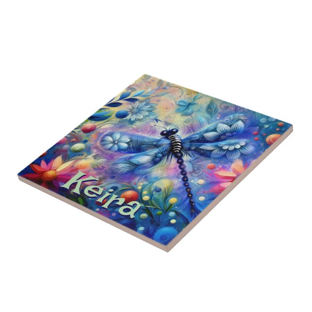 Whimsical Abstract Dragonfly Floral Personalized Tile (Side)