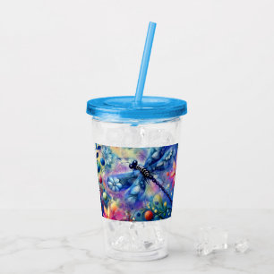 Whimsical Abstract Dragonfly Floral Teal Blue Pink Acrylic Tumbler