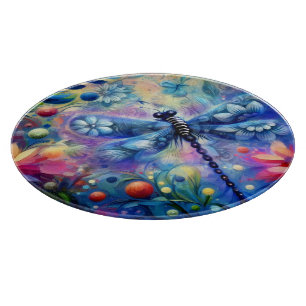Whimsical Abstract Dragonfly Floral Teal Blue Pink Cutting Board