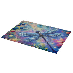 Whimsical Abstract Dragonfly Floral Teal Blue Pink Cutting Board