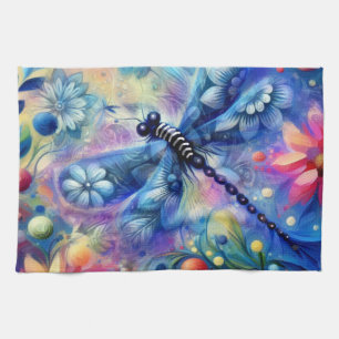Whimsical Abstract Dragonfly Floral Teal Blue Pink Kitchen Towel