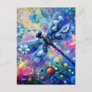 Whimsical Abstract Dragonfly Floral Teal Blue Pink Postcard