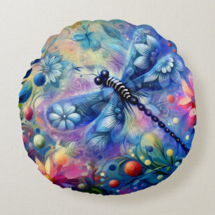 Whimsical Abstract Dragonfly Floral Teal Blue Pink Round Pillow