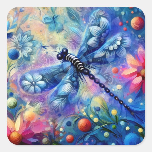 Whimsical Abstract Dragonfly Floral Teal Blue Pink Square Sticker (Front)