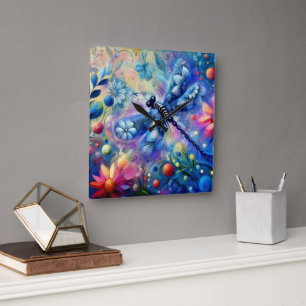 Whimsical Abstract Dragonfly Floral Teal Blue Pink Square Wall Clock