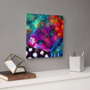 Whimsical Abstract Dreamy Kitty Cat Teal Purple Square Wall Clock
