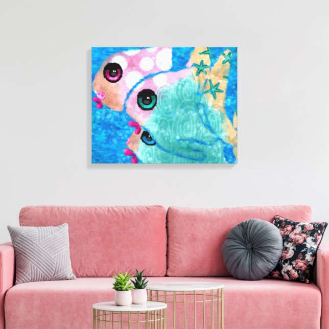 Whimsical Abstract Fish Beach Nautical Teal Pink Canvas Print (Insitu(LivingRoom))