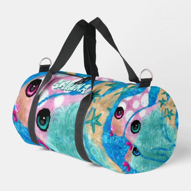 Whimsical Abstract Fish Trio Blue Personalized Duffle Bag (Left Corner)