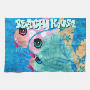 Whimsical Abstract Fish Trio Blue Personalized Kitchen Towel