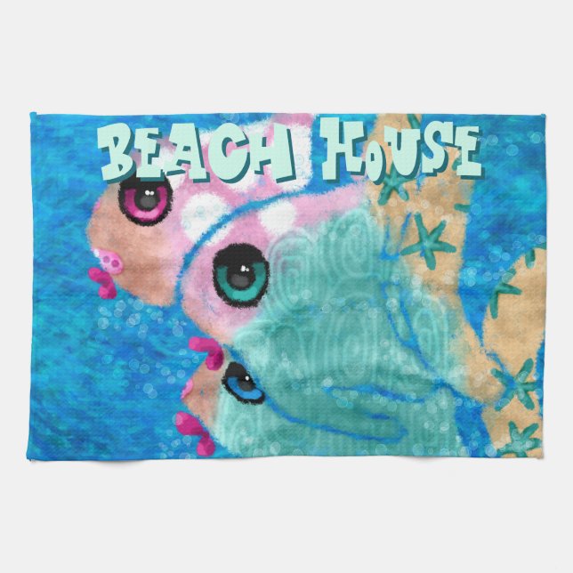 Whimsical Abstract Fish Trio Blue Personalized Kitchen Towel (Horizontal)