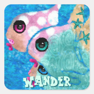 Whimsical Abstract Fish Trio Blue Personalized Square Sticker