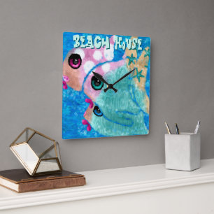 Whimsical Abstract Fish Trio Blue Personalized Square Wall Clock