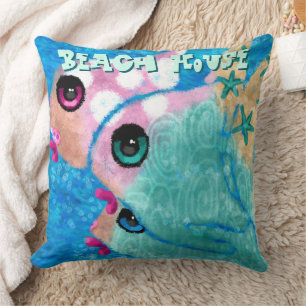 Whimsical Abstract Fish Trio Blue Personalized Throw Pillow