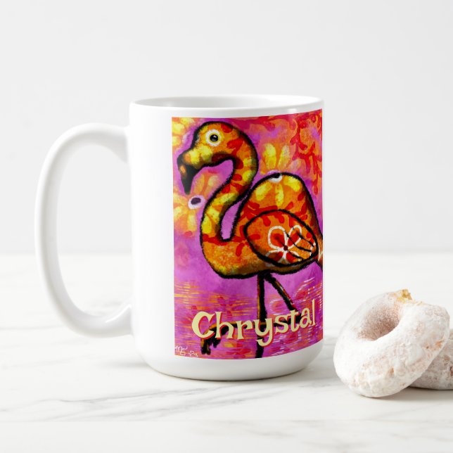  Whimsical Abstract Flamingo Bird Personalized Coffee Mug (With Donut)