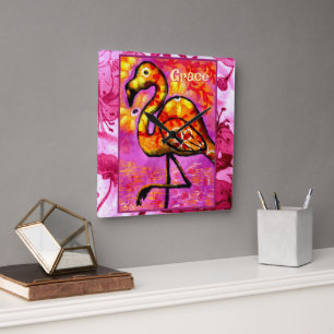 Whimsical Abstract Flamingo Bird Personalized Square Wall Clock