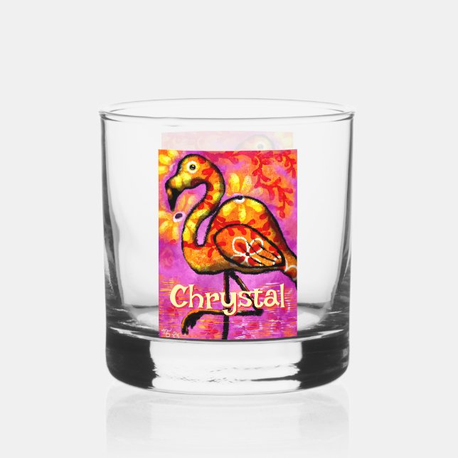  Whimsical Abstract Flamingo Bird Personalized Whiskey Glass (Front)