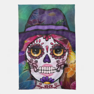 Whimsical Abstract Floral Hippie Sugar Skull Kitchen Towel