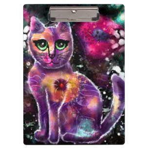 Whimsical Abstract Floral Kitty Cat Black Pink Clipboard