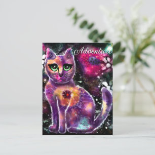 Whimsical Abstract Floral Kitty Cat Black Pink Postcard