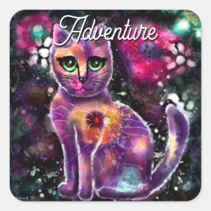 Whimsical Abstract Floral Kitty Cat Black Pink Square Sticker