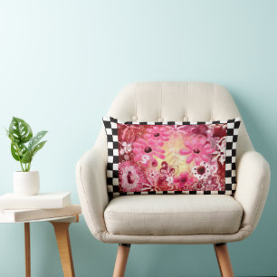 Whimsical Abstract Floral Painting Art Pink Red Lumbar Pillow